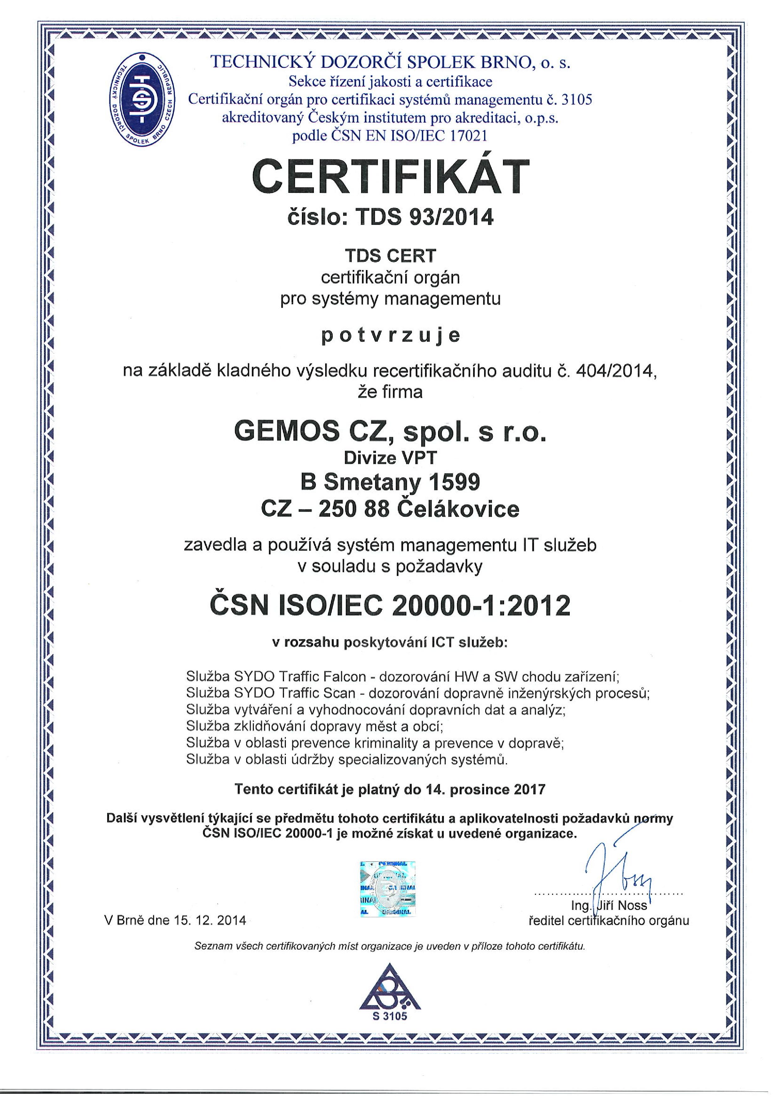 Certifikát ČSN ISO/IEC 20 000-1 udělený společnosti Gemos
