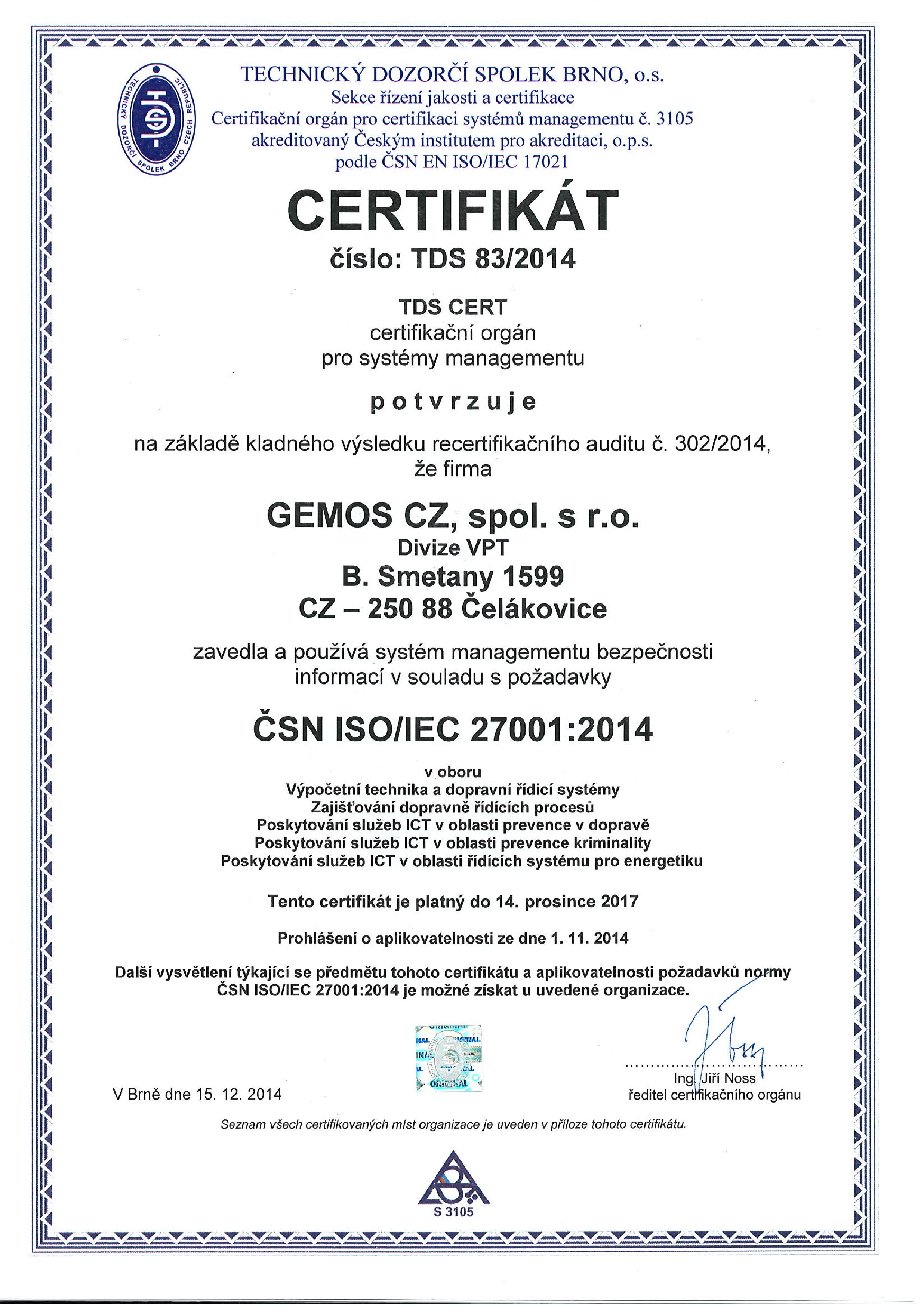Certifikát ČSN ISO/IEC 27001 udělený společnosti Gemos