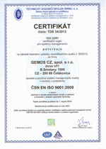 Certifikát ČSN ISO 9001 udělený společnosti Gemos